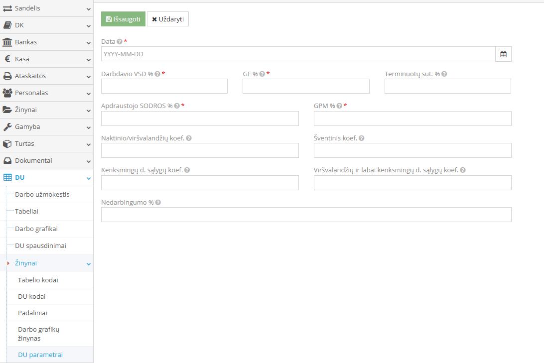 Payroll parameters entry window